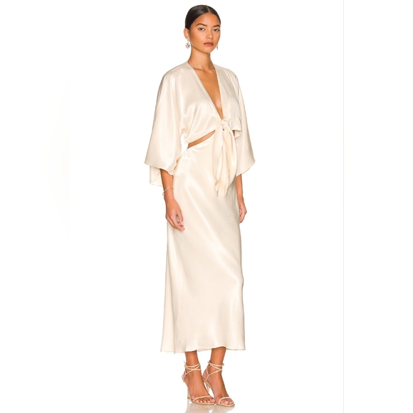 11. NWOT SHONA JOY LA LUNE TIE FRONT BIAS MIDI DRESS IN CREAM - Picture 2 of 11
